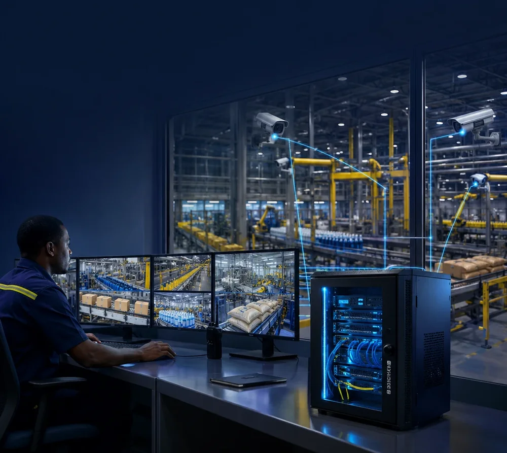 Poste de supervision CemVision installé dans l'usine : écrans de suivi des lignes et serveur local relié aux caméras